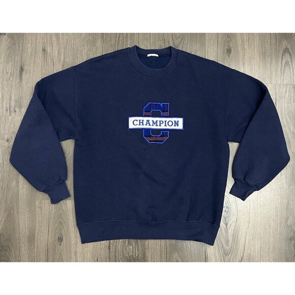 Vintage Champion Sweatshirt Crewneck Plaid Spell Out Blue Small / Medium - Picture 1 of 7
